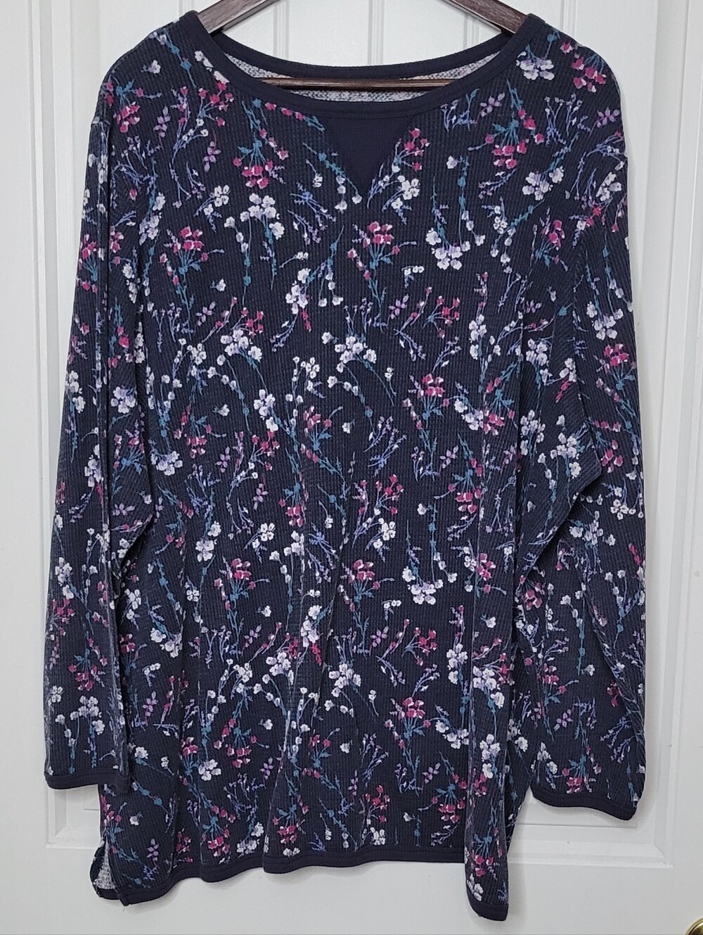 Woman Within Navy Floral Long Sleeve Thermal Top with Pink & White Accents